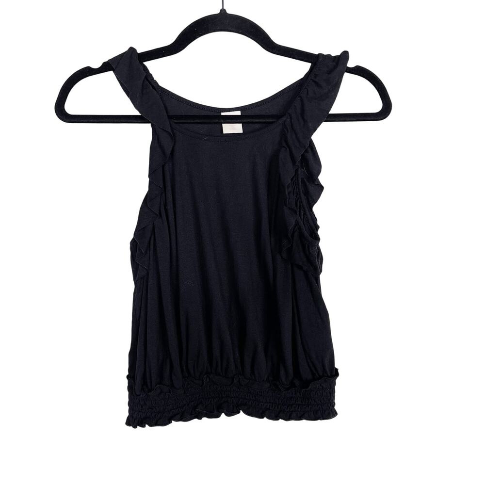 Wild Pearl Black Ruffle Detail Tank Top Cinch Hem XSmall XS Stretch Scoop Neck